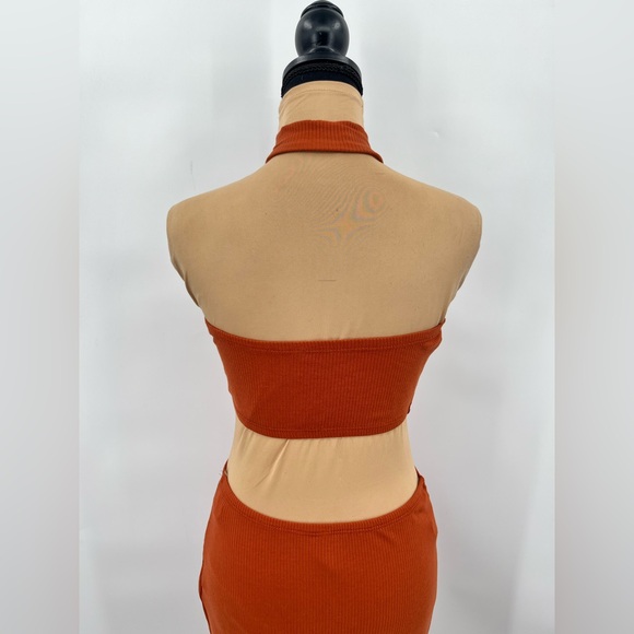 Rust cut out bodycon ribbed stretch maxi dress resortwear vacation sexy nightout - Picture 6 of 9